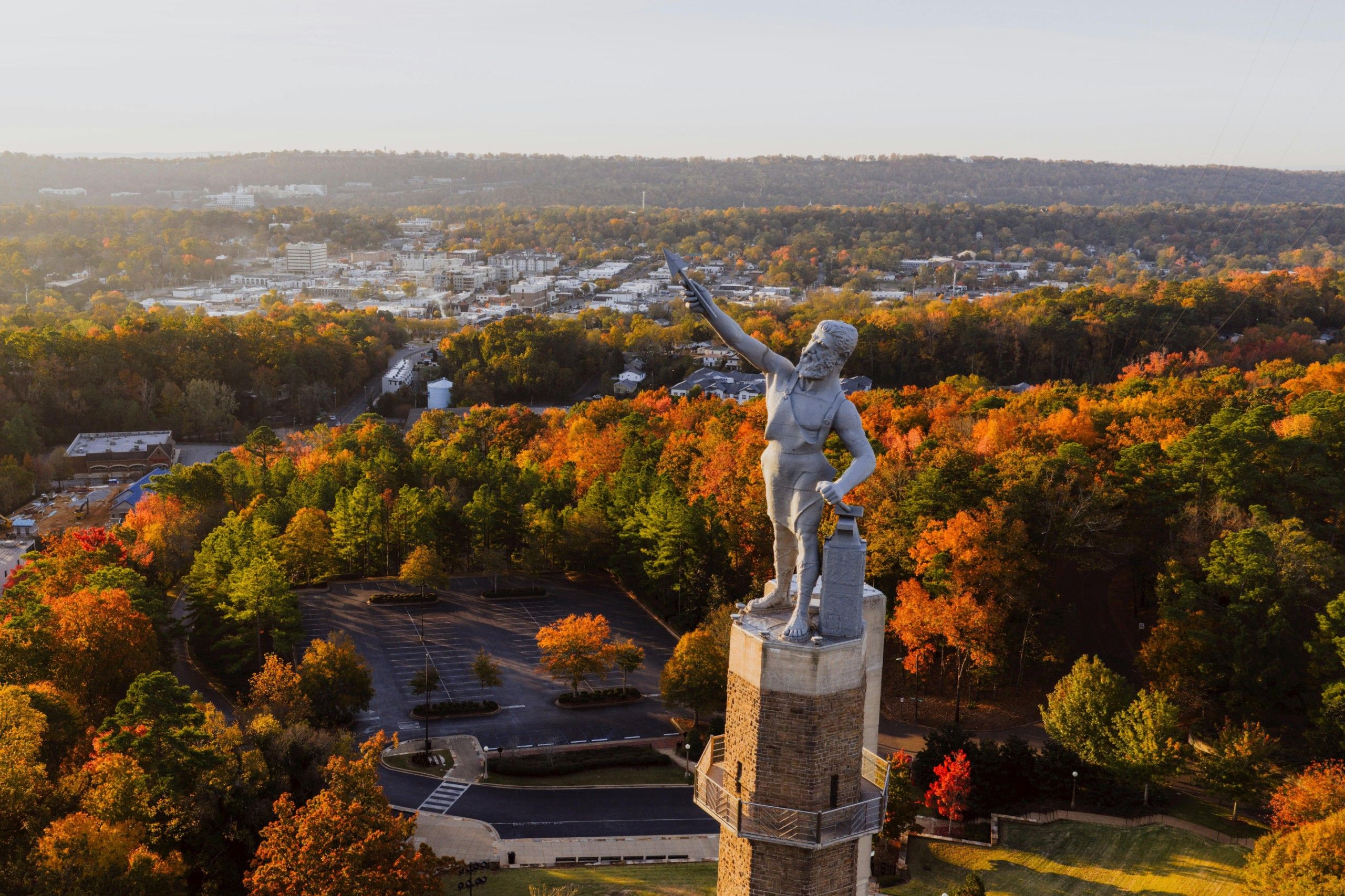 Aerial view of the Vulcan statue overlooking Birmingham in autumn